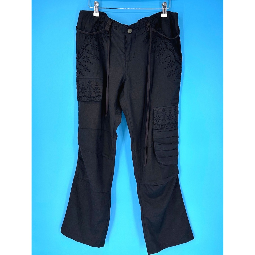 Freda Five Black Linen Cotton Eyelet Embroidered Cargo Pants Wide Leg Womens L‎